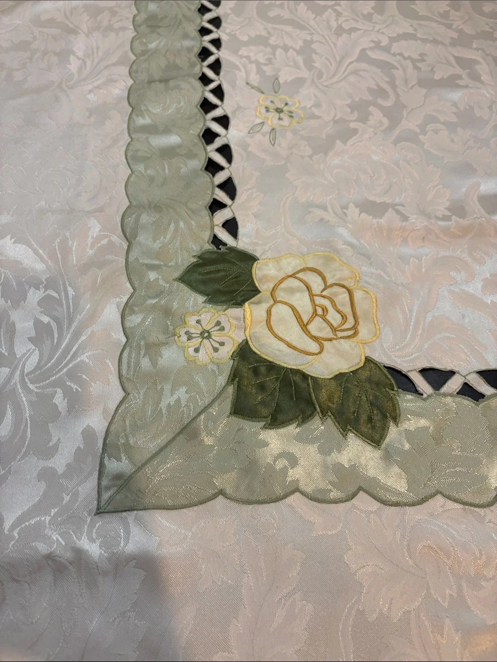 Elegant Cream Floral Embroidered Cut out Tablecloth